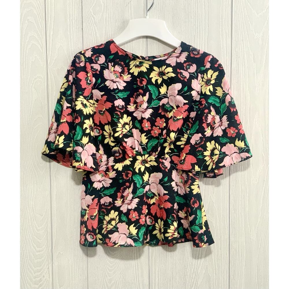 Topshop Black Floral Short Sleeve Cutout Back Top Size 4 NWT